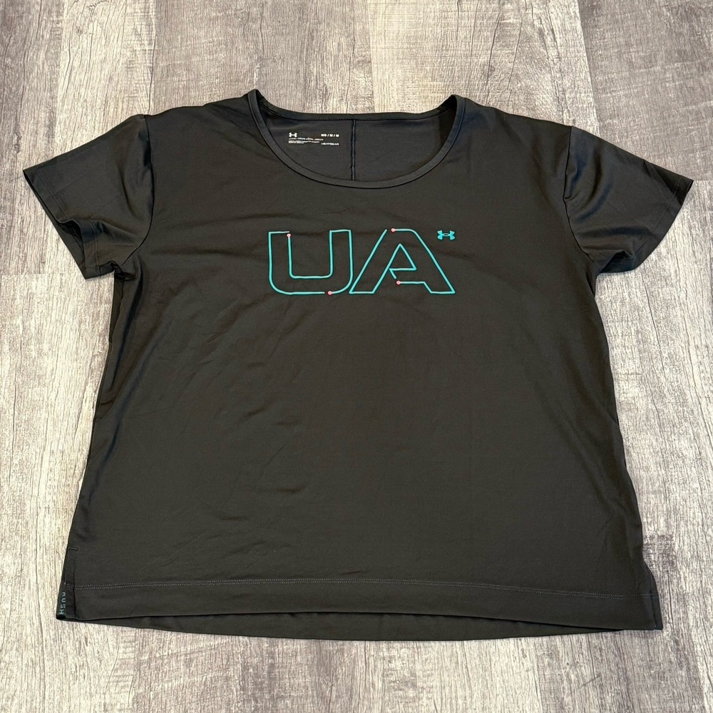 Under Armour RUSH HeatGear Tee Womens M Loose Fit Black Teal Logo Short Sleeve